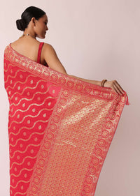 Red Banarasi Silk Saree With Diagonal Zari Stripes And Unstitched Blouse Piece