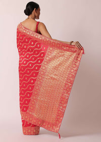 Red Banarasi Silk Saree With Diagonal Zari Stripes And Unstitched Blouse Piece