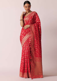 Red Banarasi Silk Saree With Diagonal Zari Stripes And Unstitched Blouse Piece