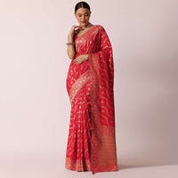 Red Banarasi Silk Saree With Diagonal Zari Stripes And Unstitched Blouse Piece