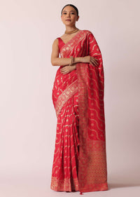 Red Banarasi Silk Saree With Diagonal Zari Stripes And Unstitched Blouse Piece