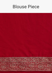 Red Banarasi Silk Saree With Woven Floral Motifs And Unstitched Blouse Piece