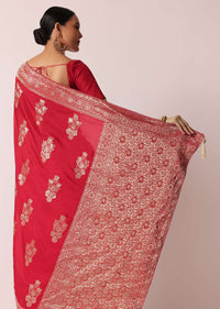 Red Banarasi Silk Saree With Woven Floral Motifs And Unstitched Blouse Piece