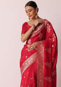 Red Banarasi Silk Saree With Woven Floral Motifs And Unstitched Blouse Piece