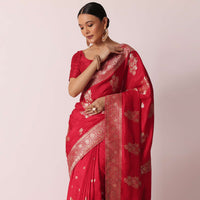 Red Banarasi Silk Saree With Woven Floral Motifs And Unstitched Blouse Piece