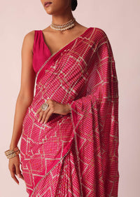Red Bandhani Print Saree With Gota Patti And Unstitched Blouse Piece