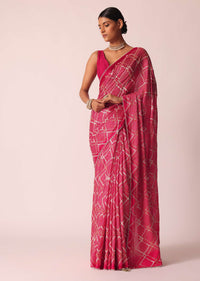 Red Bandhani Print Saree With Gota Patti And Unstitched Blouse Piece