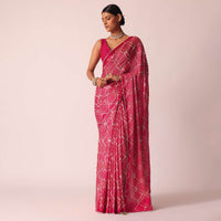 Red Bandhani Print Saree With Gota Patti And Unstitched Blouse Piece