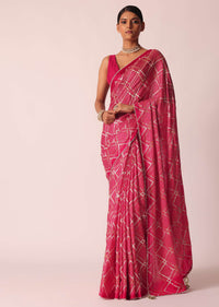 Red Bandhani Print Saree With Gota Patti And Unstitched Blouse Piece