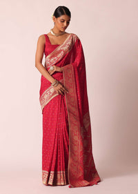 Red Bandhani Saree With Weave Detail And Unstitched Blouse Piece