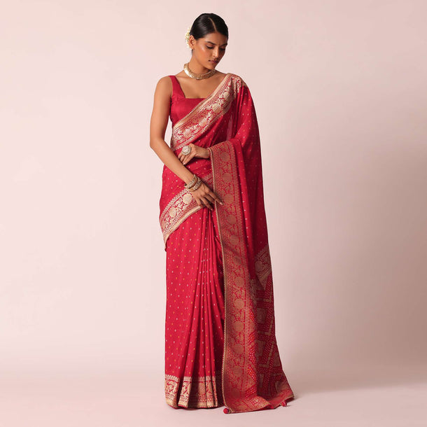 Red Bandhani Saree With Weave Detail And Unstitched Blouse Piece