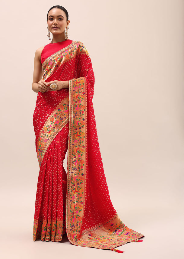 Red Bandhani Silk Saree With Unstitched Blouse