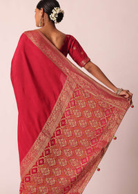 Red Bandhani Silk Woven Saree With Unstitched Blouse Piece