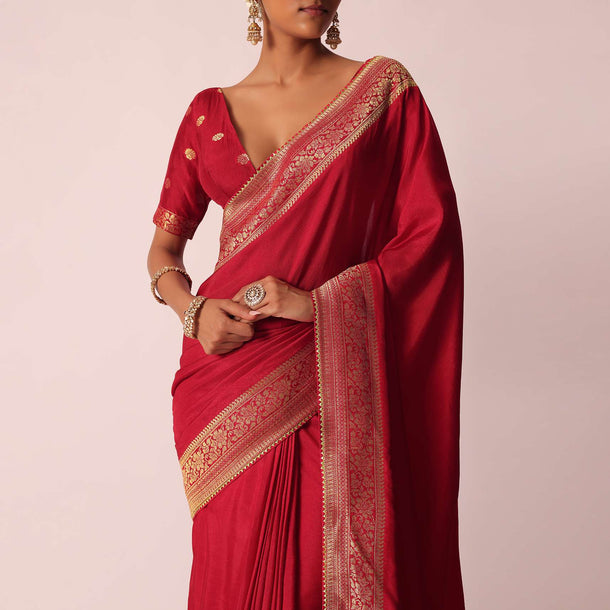 Red Bandhani Silk Woven Saree With Unstitched Blouse Piece