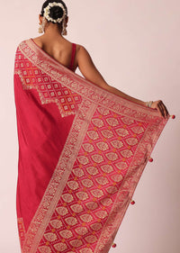 Red Bandhani Weave Saree In Silk With Unstitched Blouse Piece