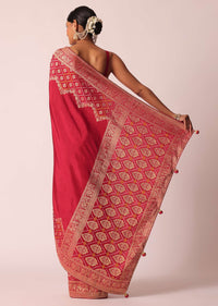 Red Bandhani Weave Saree In Silk With Unstitched Blouse Piece