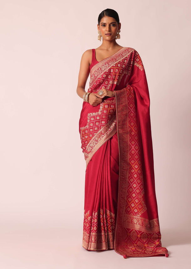 Red Bandhani Weave Saree In Silk With Unstitched Blouse Piece