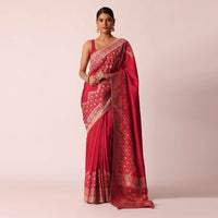 Red Bandhani Weave Saree In Silk With Unstitched Blouse Piece