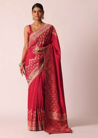 Red Bandhani Weave Saree In Silk With Unstitched Blouse Piece