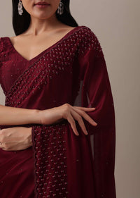 Red Bead Embellished Saree In Satin