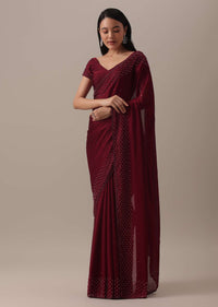 Red Bead Embellished Saree In Satin