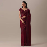 Red Bead Embellished Saree In Satin