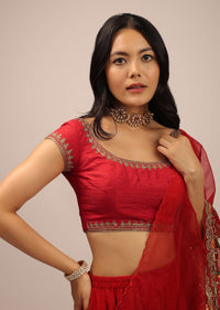 Red Blouse In Raw Silk With Cap Sleeves, Round Neckline And Zardosi Detailed Neckline