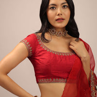 Red Blouse In Raw Silk With Cap Sleeves, Round Neckline And Zardosi Detailed Neckline