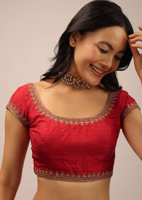 Red Blouse In Raw Silk With Cap Sleeves, Round Neckline And Zardosi Detailed Neckline