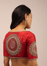 Red Blouse In Raw Silk With Half Sleeves And Zardosi Embroidered Motif On The Sleeves And Back