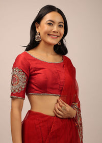 Red Blouse In Raw Silk With Half Sleeves And Zardosi Embroidered Motif On The Sleeves And Back