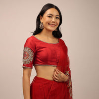 Red Blouse In Raw Silk With Half Sleeves And Zardosi Embroidered Motif On The Sleeves And Back