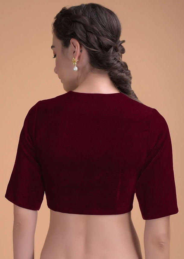 Red Blouse In Velvet With A Zari Lace Defining The Neckline