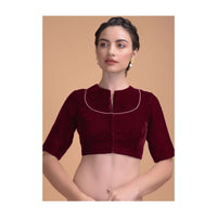 Red Blouse In Velvet With A Zari Lace Defining The Neckline