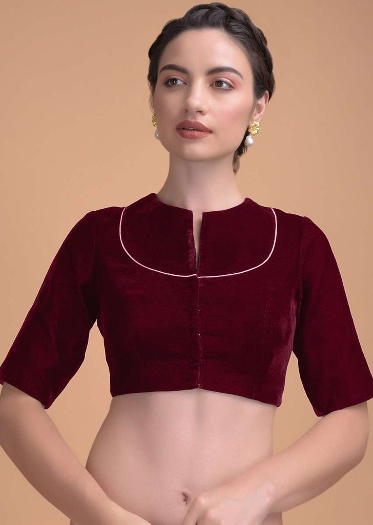 Red Blouse In Velvet With A Zari Lace Defining The Neckline