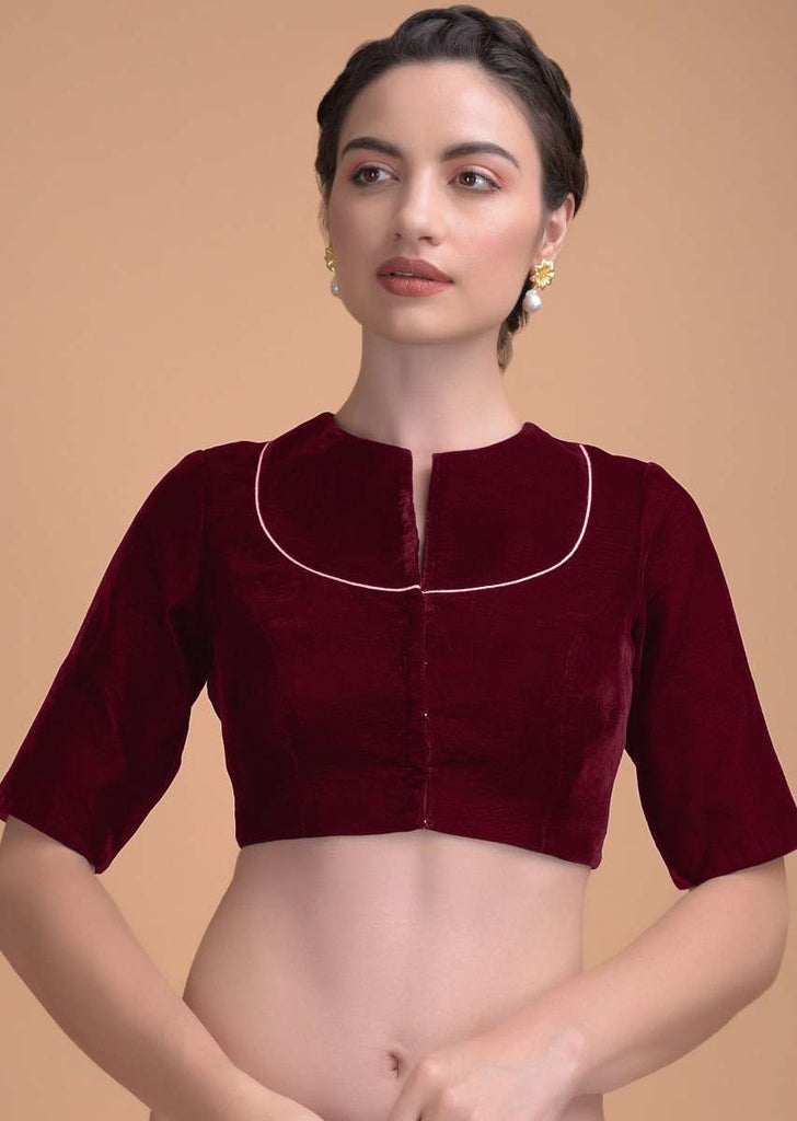 Red Blouse In Velvet With A Zari Lace Defining The Neckline