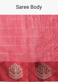 Red Chanderi Cotton Saree With Zari Checks And Unstitched Blouse Piece