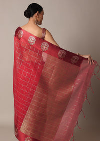Red Chanderi Cotton Saree With Zari Checks And Unstitched Blouse Piece