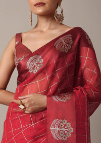 Red Chanderi Cotton Saree With Zari Checks And Unstitched Blouse Piece