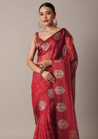 Red Chanderi Cotton Saree With Zari Checks And Unstitched Blouse Piece