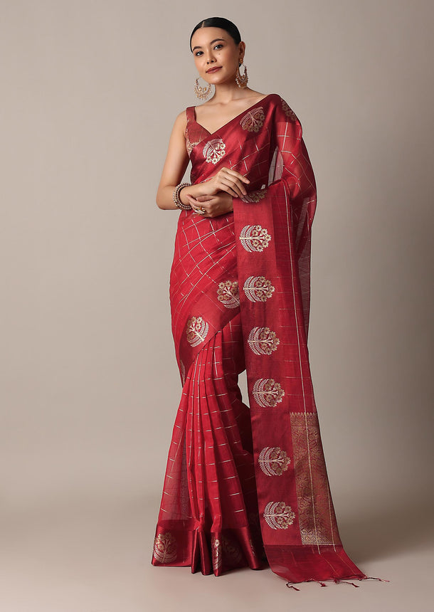 Red Chanderi Cotton Saree With Zari Checks And Unstitched Blouse Piece