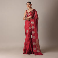 Red Chanderi Cotton Saree With Zari Checks And Unstitched Blouse Piece
