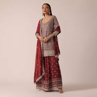 Red Chanderi Kurta Palazzo Set With Sequin Work