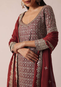 Red Chanderi Kurta Palazzo Set With Sequin Work