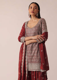 Red Chanderi Kurta Palazzo Set With Sequin Work