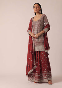 Red Chanderi Kurta Palazzo Set With Sequin Work