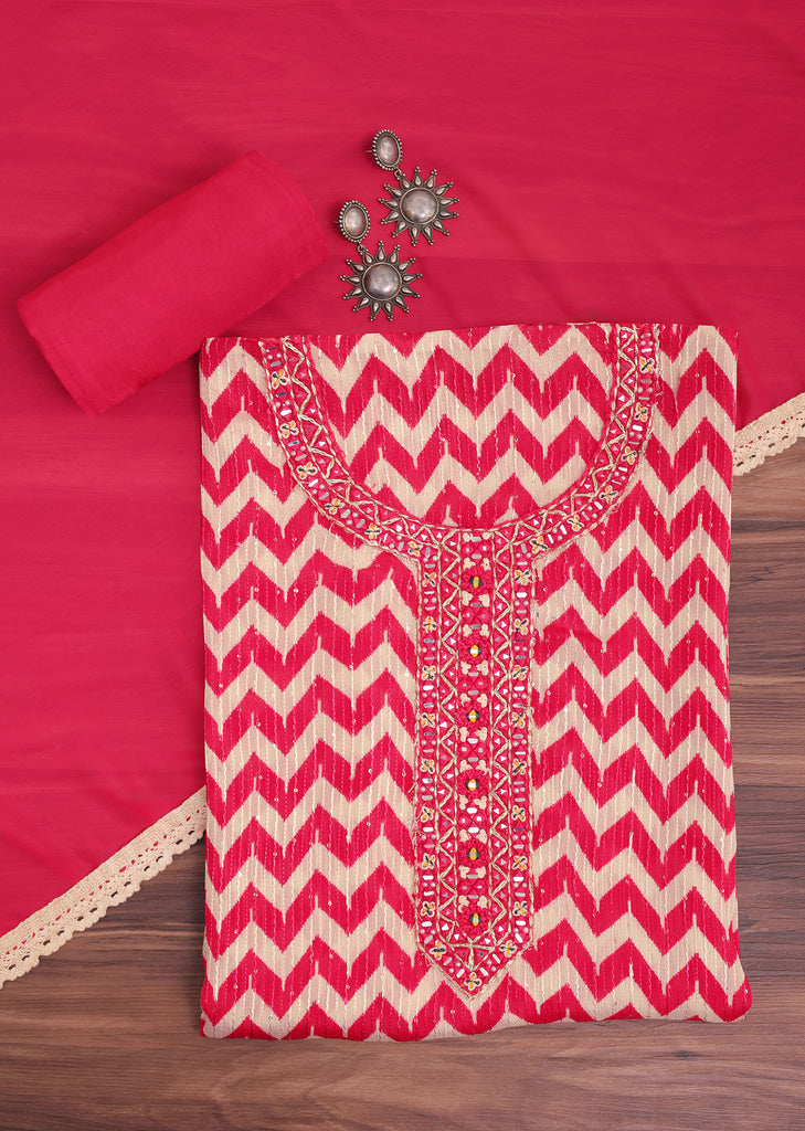 Red Chevron Printed Georgette Dress Material