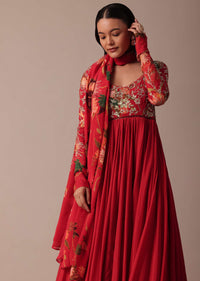 Red Chiffon Anarkali With Printed Dupatta