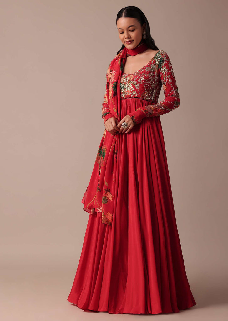 Red Chiffon Anarkali With Printed Dupatta