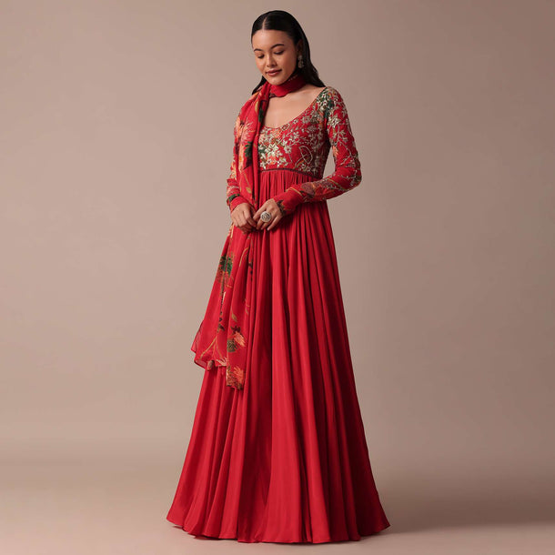 Red Chiffon Anarkali With Printed Dupatta